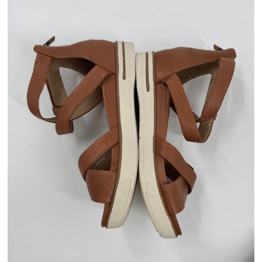 Eileen Fisher Sally Wedge Brown Leather Strappy Sandals With Ankle Strap & Zip - Picture 5 of 8